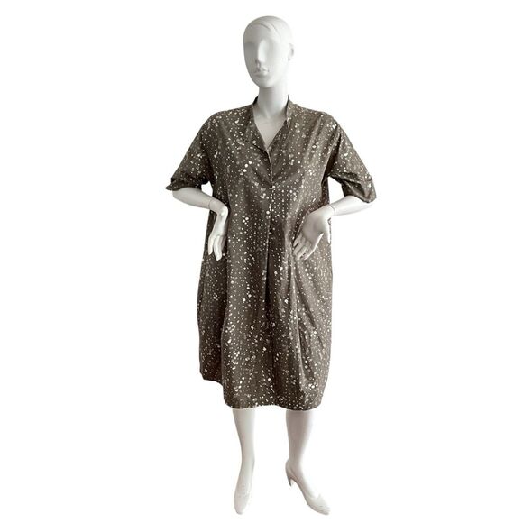 Oska Lagenlook Green Polka Dot Dress Split Collar Minimalist Pockets - Picture 1 of 13